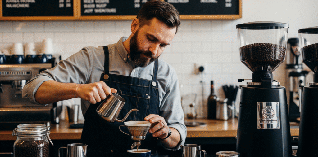 how-to-become-a-barista-coffee-skills باريستا محترف يصنع كوب قهوة إسبريسو، يبرز مهارته وخبرته في تحضير القهوة.