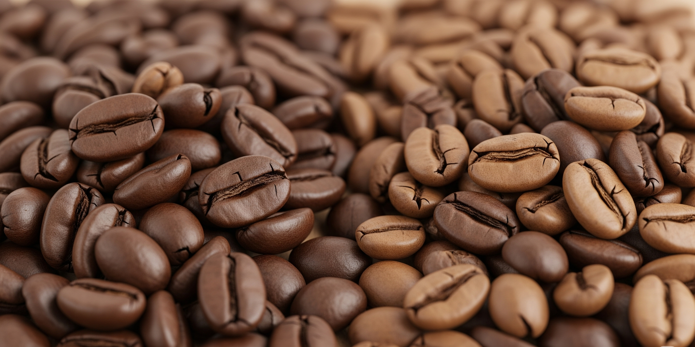 types-of-coffee-beans-arabica-robusta صورة مقربة لأنواع مختلفة من حبوب القهوة المحمصة، تظهر الفروقات بين أرابيكا وروبوستا.